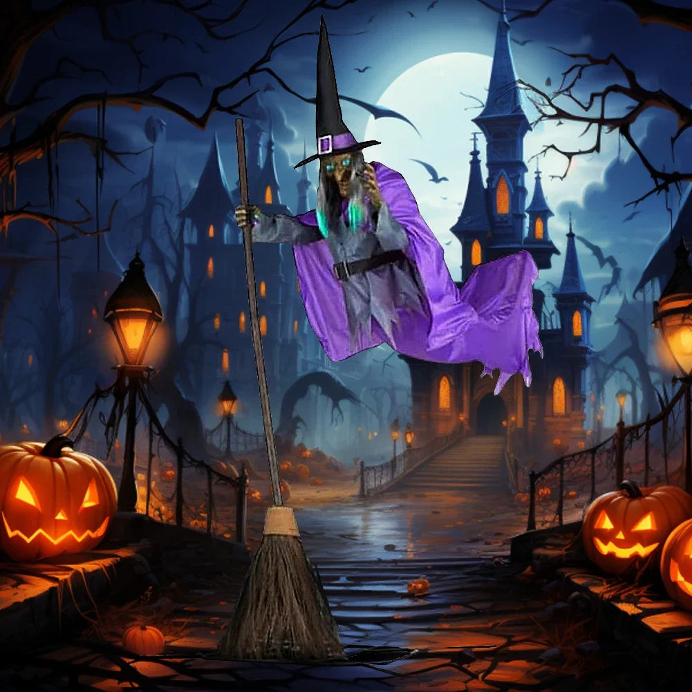Halloween Flying Witch Decor Flying Witch Decoration with Terrifying Sounds & Lights Large Hovering Witch Prop with Glowing Eyes